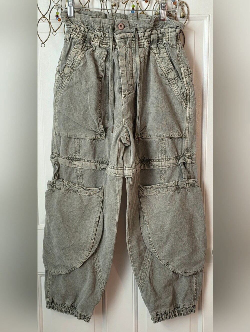 Free People Wind Drift Convertible Cargo Pants Women XS Oilve Green Cotton Linen - Picture 2 of 16